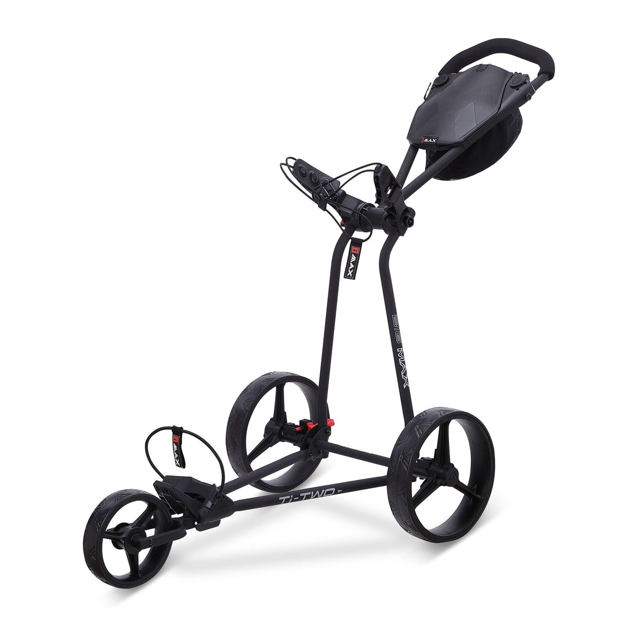 Schwarzer Big Max TI TWO 3-Rad-Golftrolley mit ergonomischem Griff und Zubehörfach.