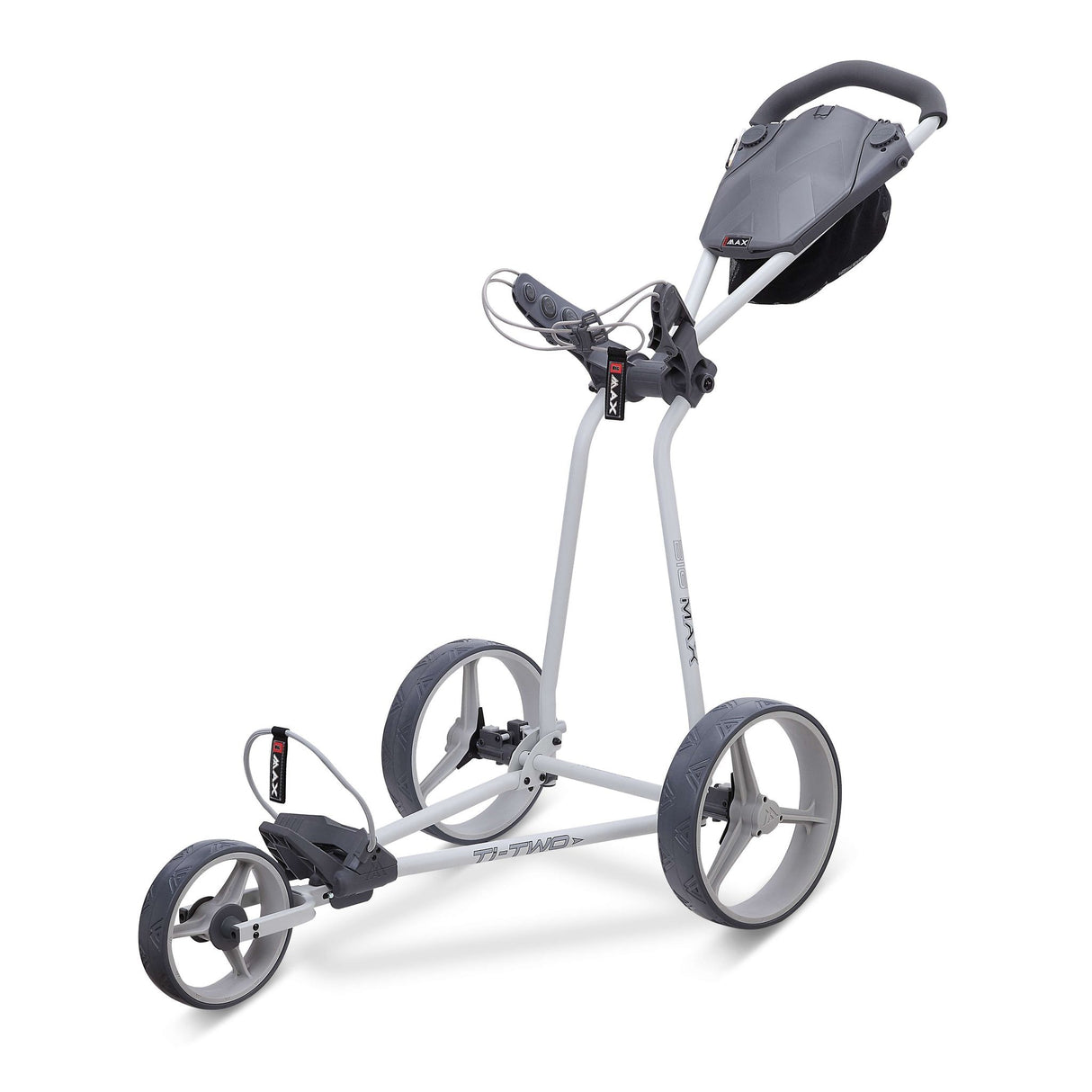 Grauer Big Max TI TWO Golftrolley mit drei großen Rädern und ergonomischem Griff.