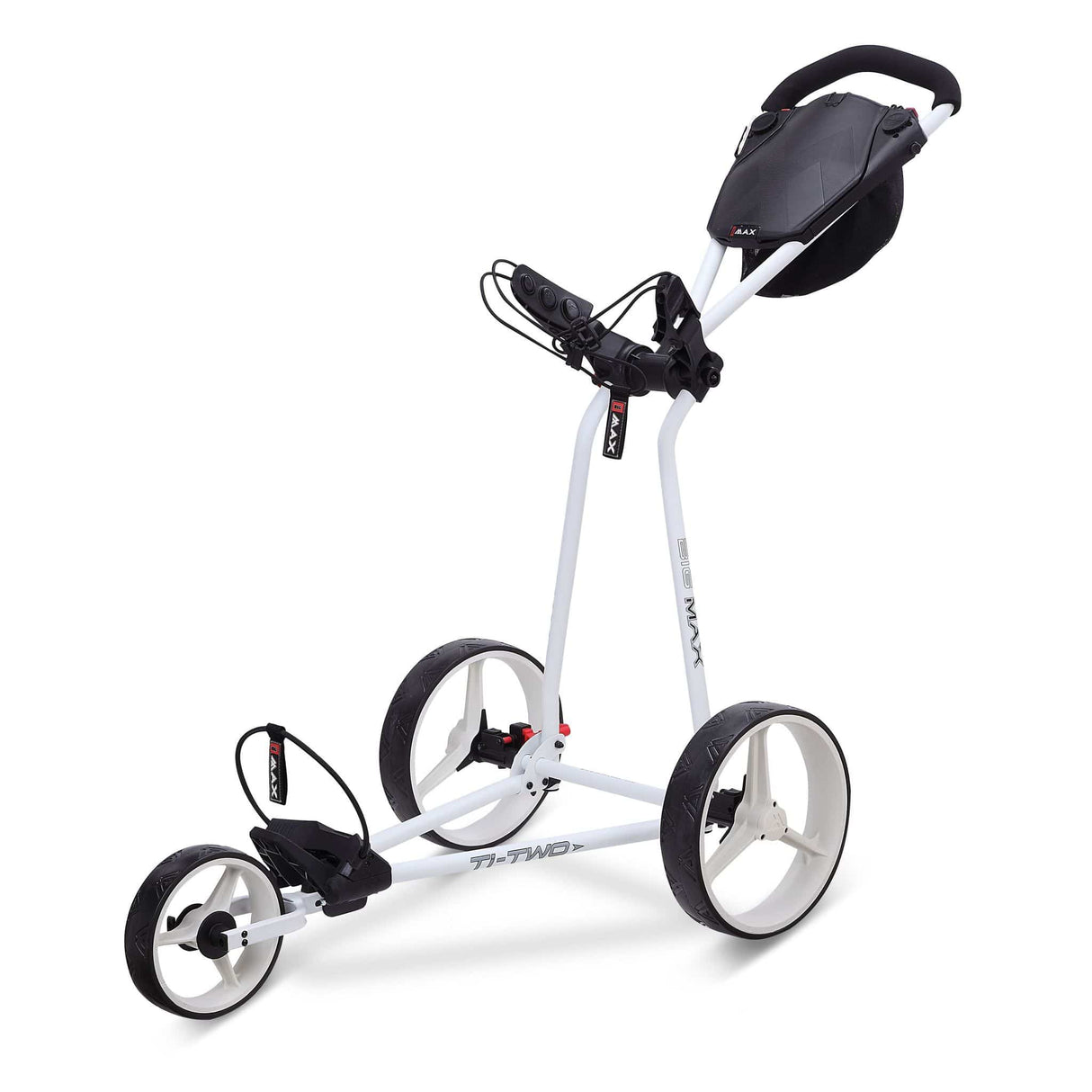 Weißer Big Max TI TWO Golftrolley mit drei Rädern und schwarzem Griff sowie Halterung.