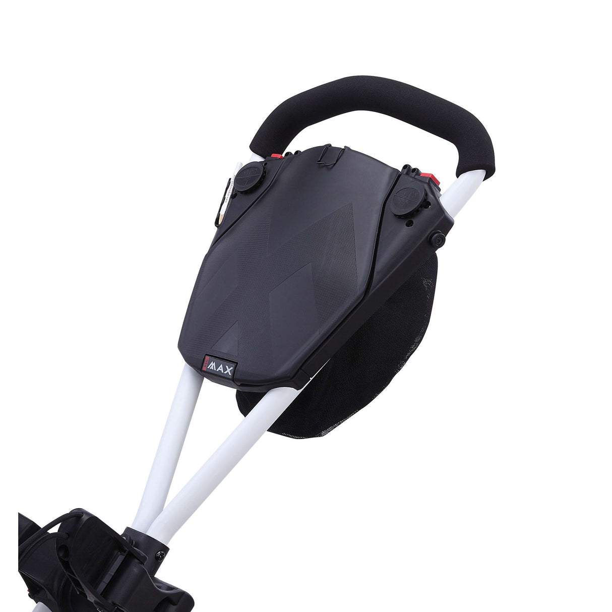 Grauer Big Max TI TWO 3-Rad-Golftrolley mit schwarzem Griff und verdecktem Gestänge.