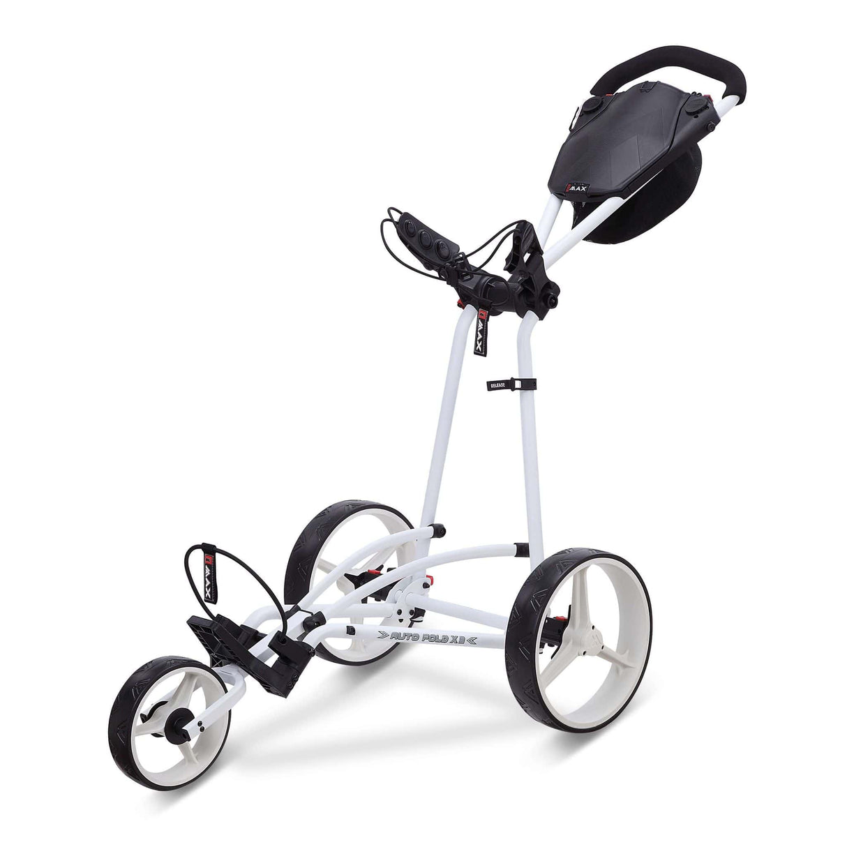 Weißer Big Max Autofold X2 3-Rad-Golftrolley mit ergonomischem Griff und Zubehörhalterung.