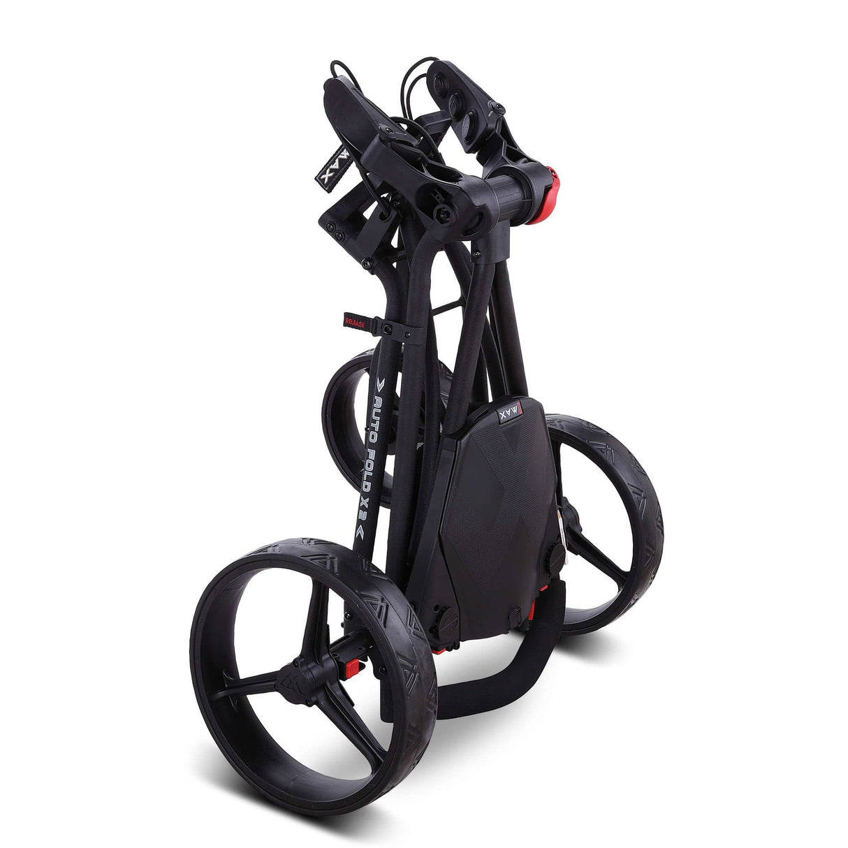 Faltbarer Big Max Autofold X2 Golftrolley in Phantom Schwarz mit drei großen Rädern und robustem Rahmen.