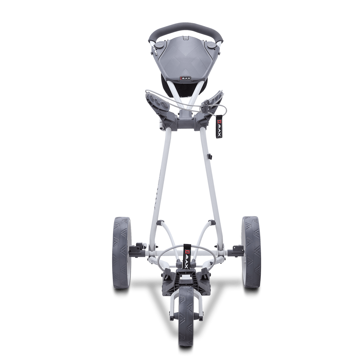 Grauer Big Max Autofold X2 3-Rad-Golftrolley mit integriertem Steuergriff und Zubehörhalterung.