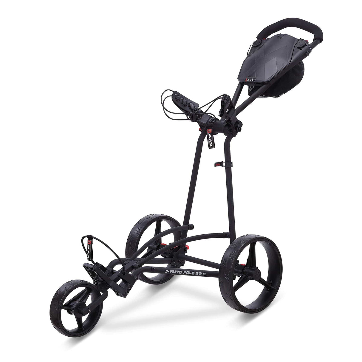 Schwarzer Big Max Autofold X2 3-Rad-Golftrolley mit ergonomischem Griff und kompakter Falttechnik.