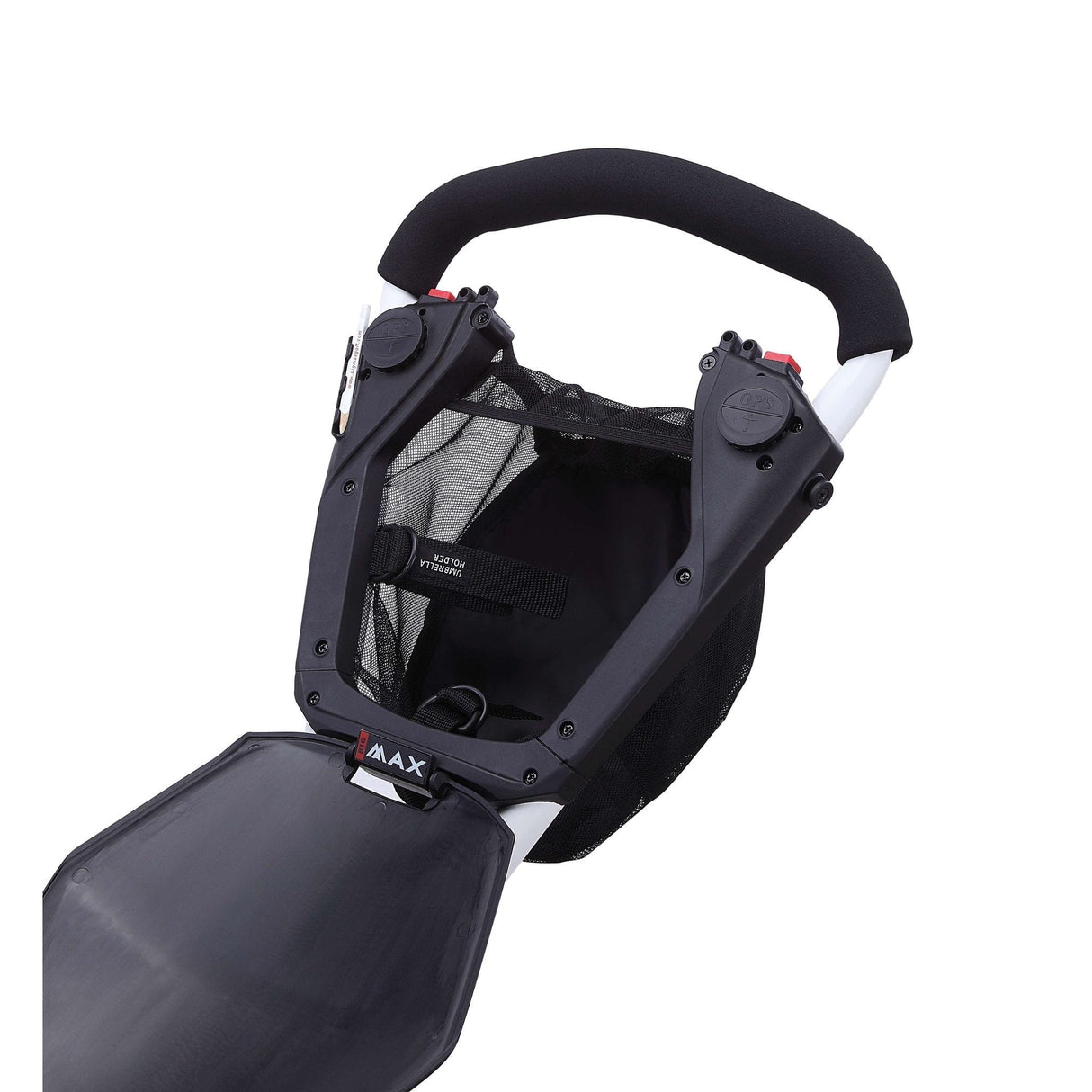 Grauer Big Max Autofold X2 Golftrolley mit dreirädrigem Carbonrahmen und gepolstertem Griff.