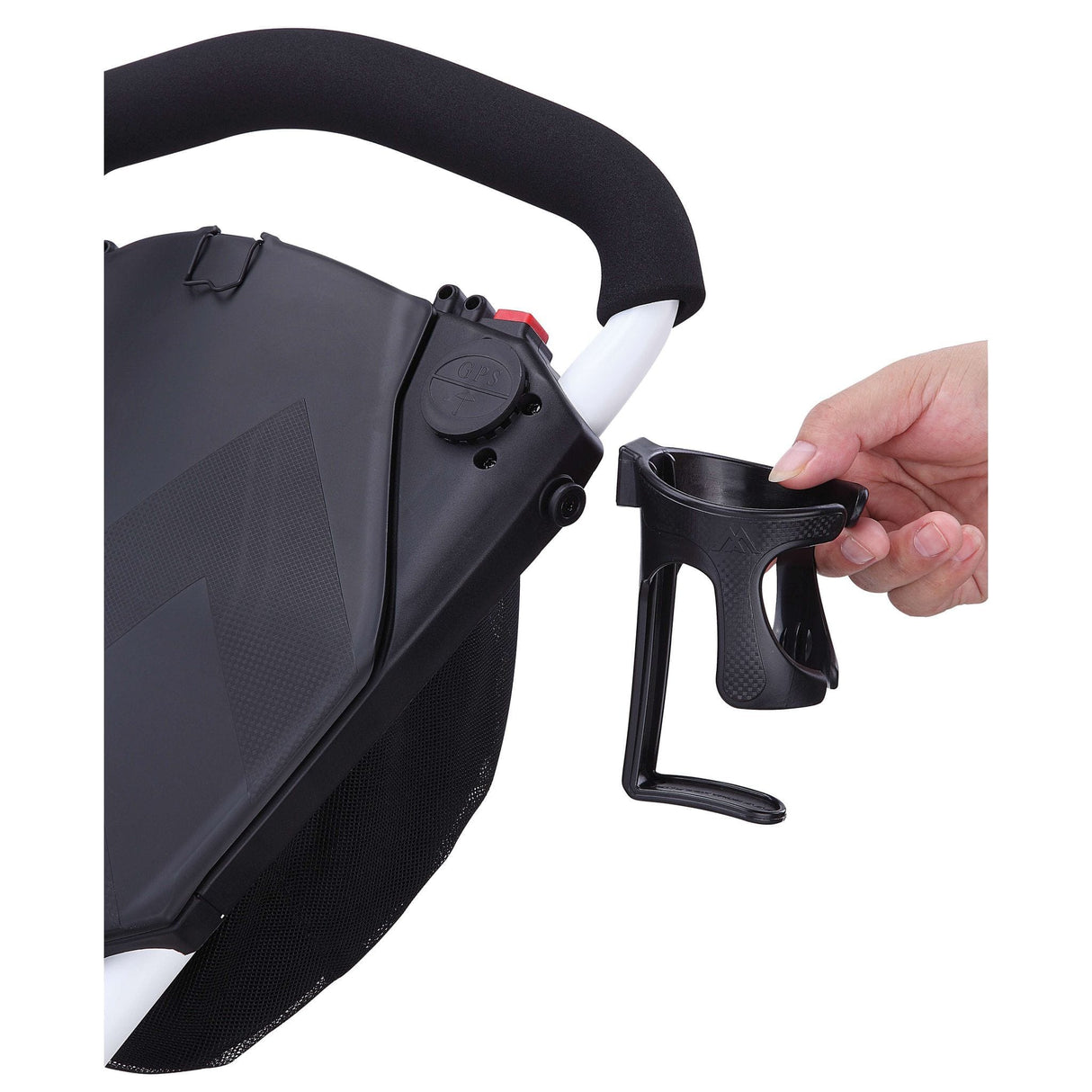 Grauer Big Max Autofold X2 Golftrolley mit abnehmbarem, schwarzen Getränkehalter am Griff.