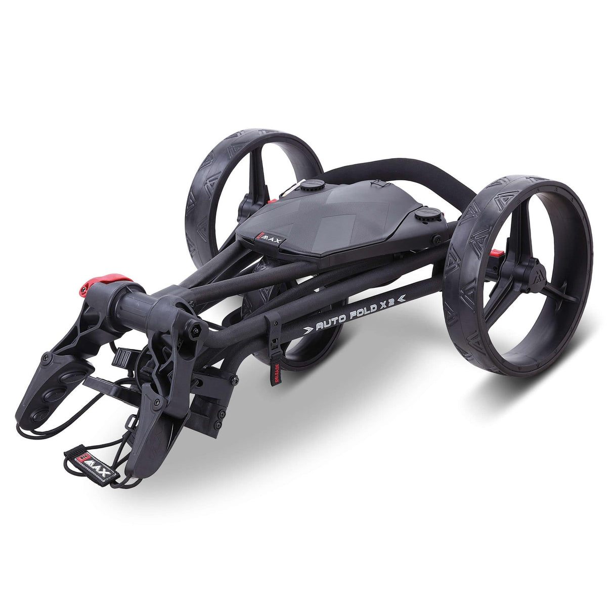Zusammengefaltener Big Max Autofold X2 Golftrolley in Phantom Schwarz mit drei Rädern und kompaktem Design.