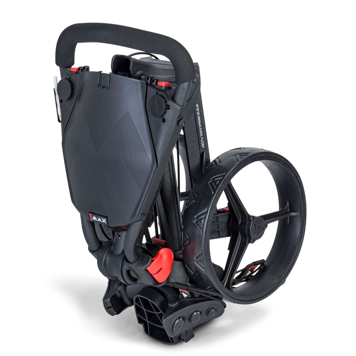 Kompakter gefalteter Big Max IQ 360 Golf Trolley in Phantom Black mit großen Rädern und ergonomischem Griff.