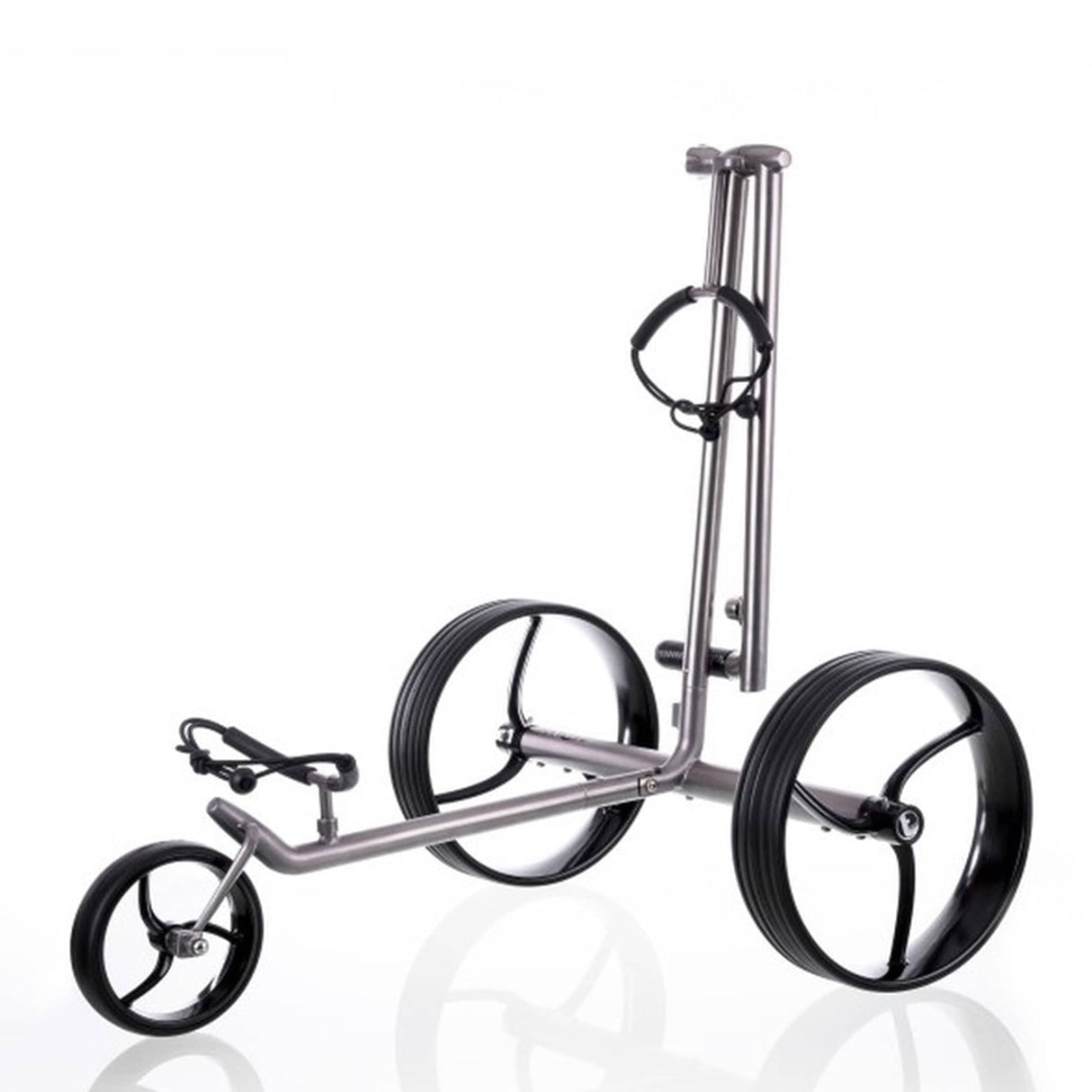 Schwarzer Galaxy Golf Titan Elektrotrolley 2024 mit drei Rädern und klappbarem Rahmendesign.