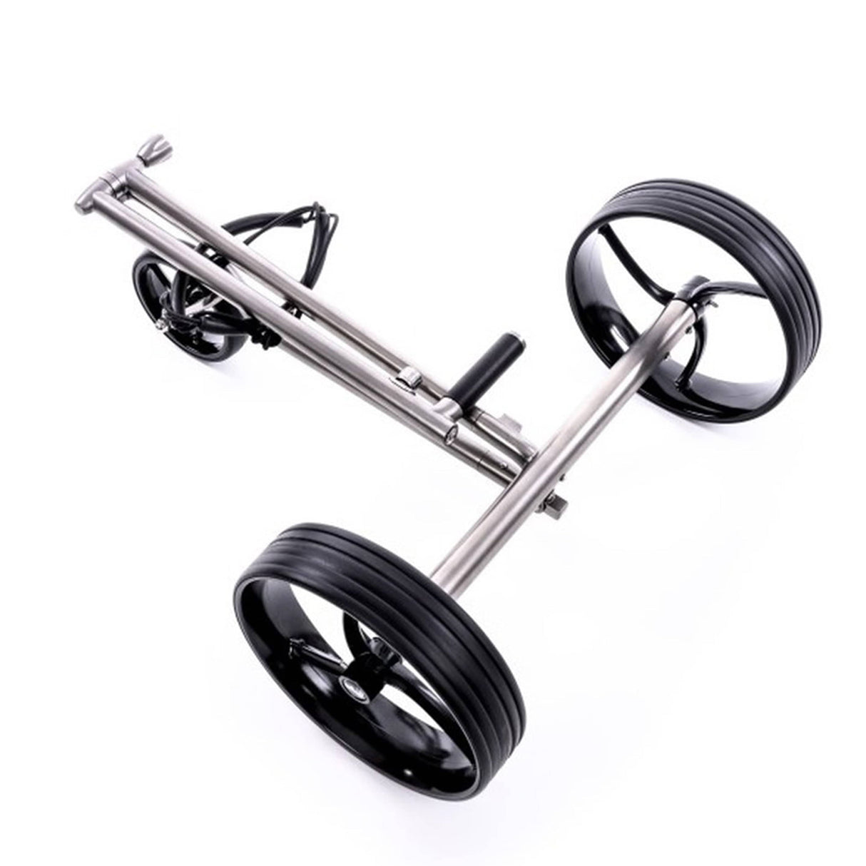 Schwarzer Galaxy Golf Titan Elektrotrolley 2024er Modell mit robustem Metallrahmen und großen Rädern.