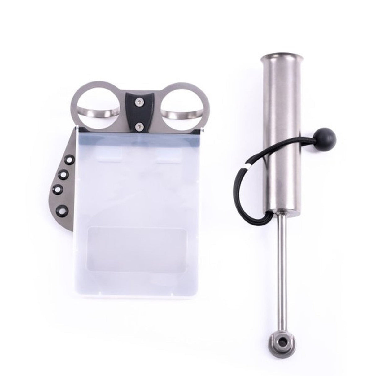Schwarze Halterung mit Befestigungslöchern und silberner, länglicher Metallstange mit Gummibandhalterung.
