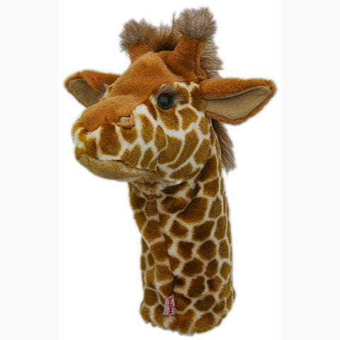 Weicher Schlägerhaubenbezug in Form einer braunen Giraffe mit realistischem Fellmuster und Plüschmähne.