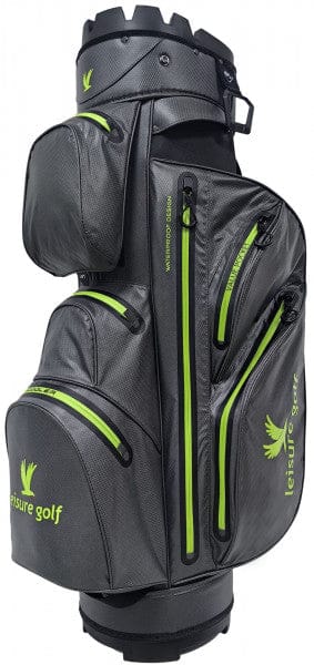 Grau-grüner Leisure Golf Watersafe Organizer Cartbag mit mehreren Reißverschlusstaschen und grünem Logo.