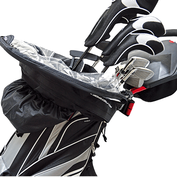 Schwarze wasserdichte Regenhülle für Golf-Trolley mit reflektierenden Details und elastischem Saum.