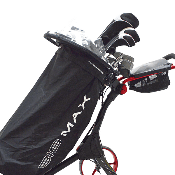 Schwarze, wasserfeste Regenhülle für Golf Trolley mit Big Max Logo und elastischem Saum.
