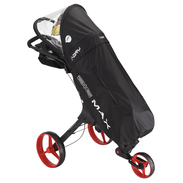 Schwarze I-Dry Regenhülle von Big Max für Trolley mit rotem Dreiradgestell, wasserdicht und eng anliegend.