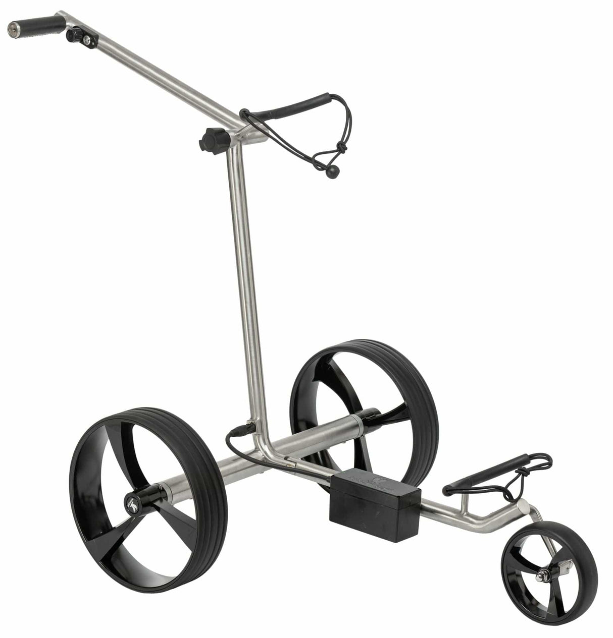 Elektrischer Golftrolley Leisure Golf Ikarus 2.0 aus gebürstetem Edelstahl mit zwei großen schwarzen Hinterrädern und.