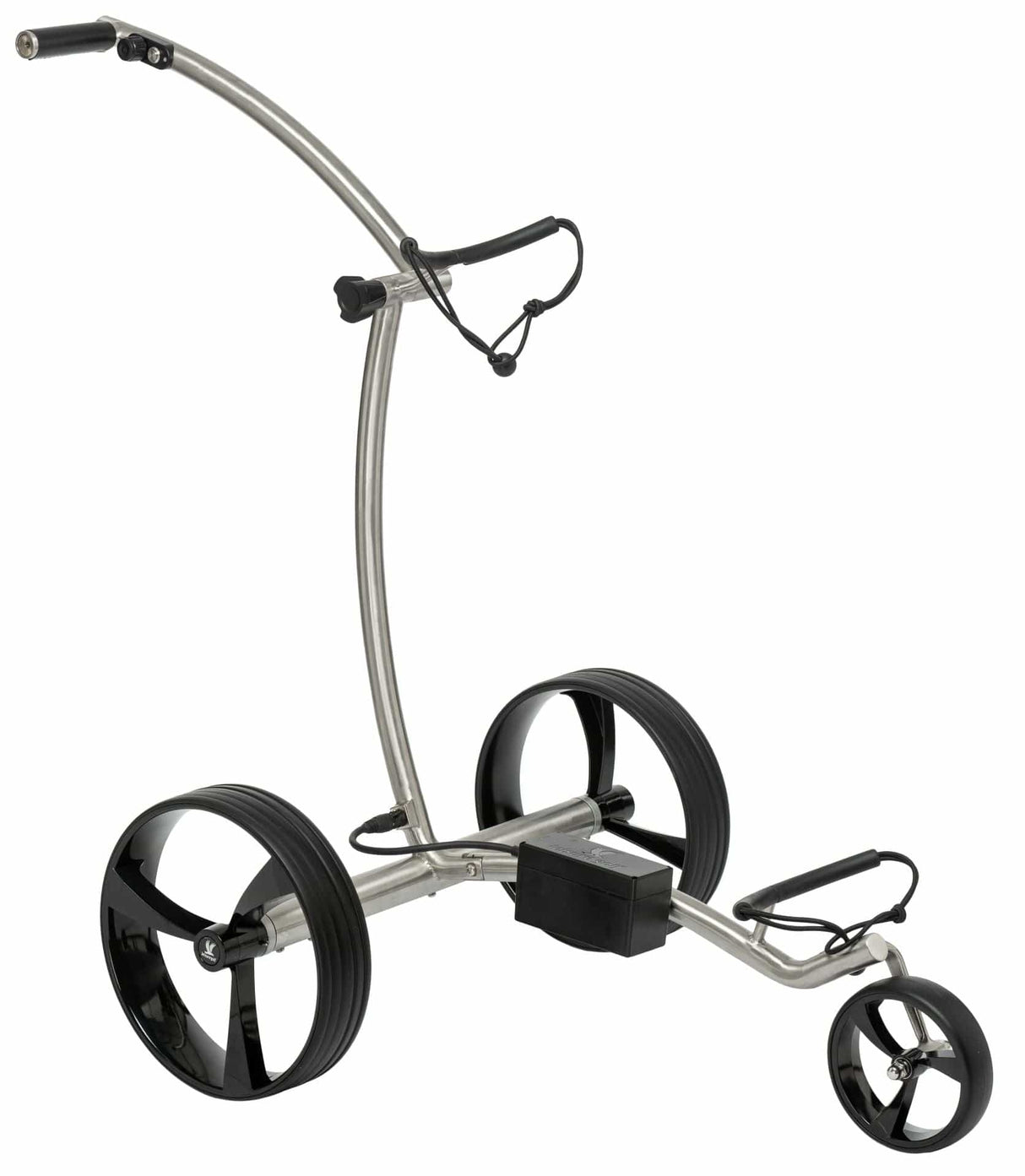 Elektrischer Golf-Trolley Leisure Golf Ikarus Curve 2.0 Edelstahl geschliffen mit schwarz-matten Reifen.