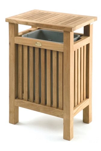 Abfallbehälter aus Teakholz mit integriertem 35 l Kunststoff-Abfalleimer, quadratisch, offen oben.