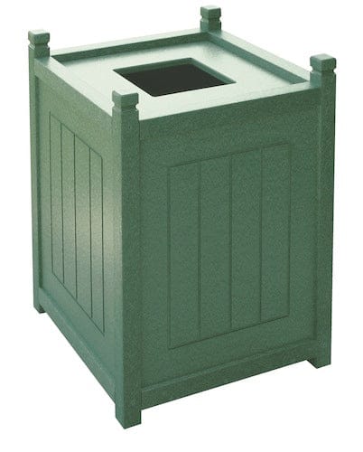 Eckiger grüner Abfallbehälter aus Kunststoff mit offenem Deckel und vertikalen Plattenmustern.