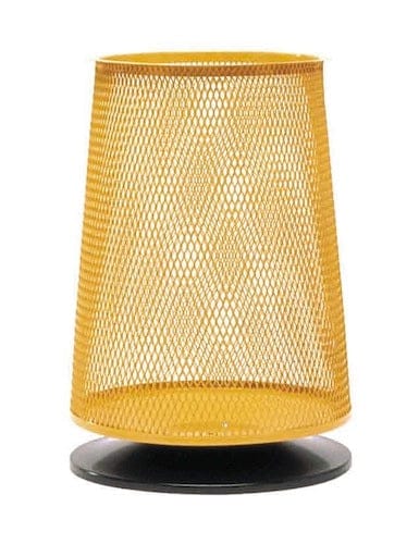 Gelber Metall-Abfallkorb mit Lochblechstruktur und schwarzer runder Basis, 115 Liter Fassungsvermögen.