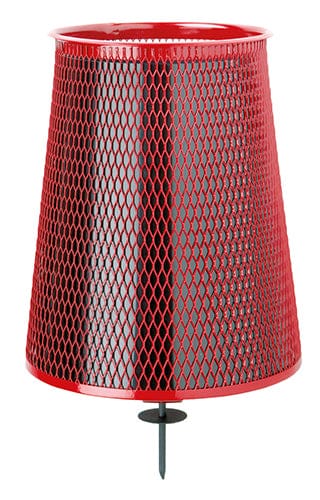 Roter Metall-Papierkorb mit schwarzem Inneneinsatz und Erdspieß, 34 Liter Fassungsvermögen.