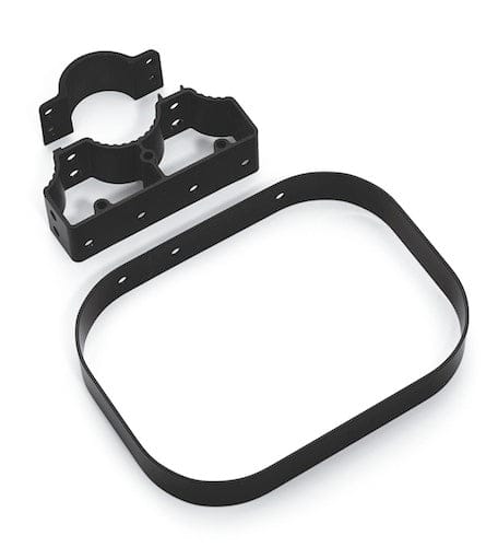 Schwarzes Montageset mit Halterungen und rechteckigem Rahmen aus Metall.