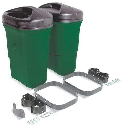 Doppel-Abfallbehälter grün mit schwarzem Deckel und Metallhalterungen zur Wandmontage.