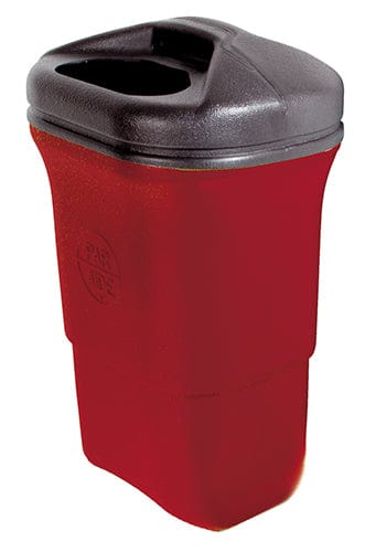 Roter Recyclingbehälter mit schwarzem Deckel und Öffnung für Abfallentsorgung.