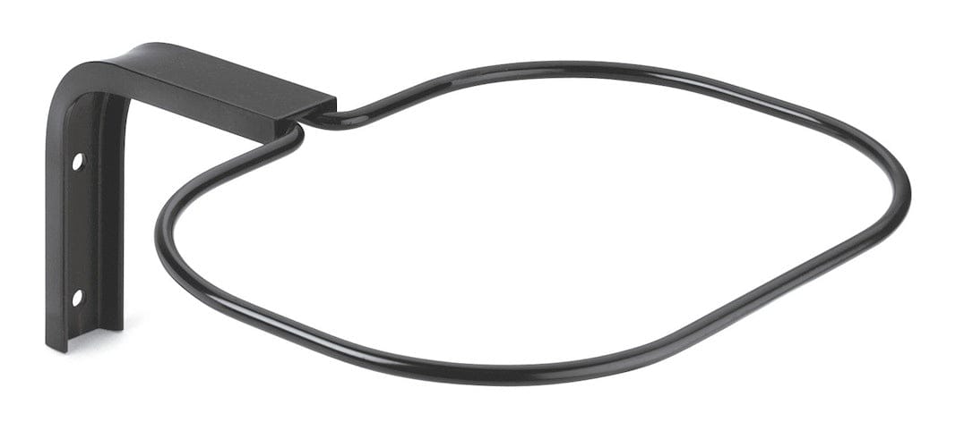 Schwarze Wandhalterung aus Metall mit rundem Rahmen zum Aufhängen von Abfallkörben.