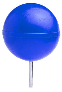 Blauer Golf-Tee Marker mit rundem Kopf und silbernem Metallspieß.