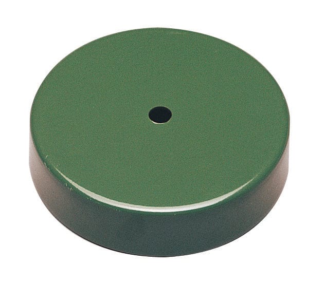 Grüner runder Kunststoffdeckel mit kleinem Loch in der Mitte, 2,5 cm hoch, 10,8 cm Durchmesser.