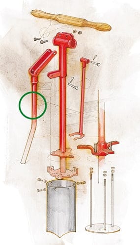 Rotes Lochbohrer-Ersatzteil mit Holzgriff und Metallspitze, verschiedene Größen und Einzelteile auf hellem Hintergrund.