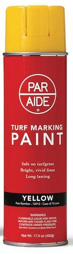 Gelbe ParAide Turf Markierungsfarbe Dose mit rotem Etikett und gelbem Deckel.