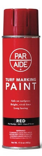 Rote ParAide Turf Markierungsfarbe Sprühdose mit weißem Logo und Text, 400 ml.
