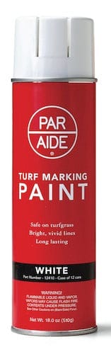 Rotes Spraydosen-Gehäuse mit weißem Aufdruck, weißer Bodemarkierungsfarbe von ParAide.