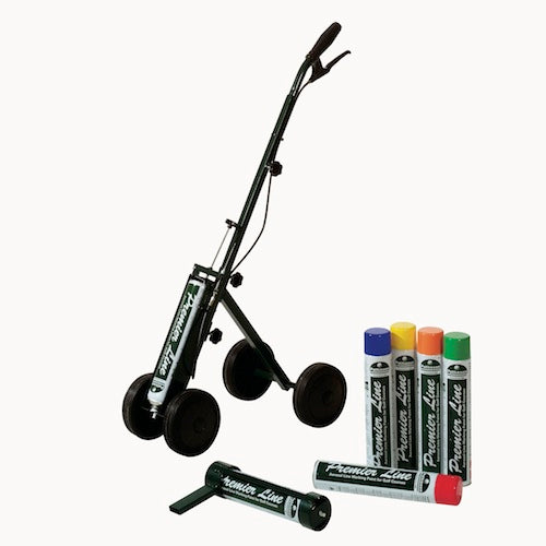 Schwarzer Zweirad-Golfplatz-Markierer mit sechs farbigen Ersatzkartuschen in Weiß, Blau, Gelb, Orange, Grün und Rot.