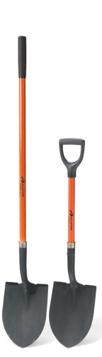 Zwei schwarze Kantenspaten mit je orangefarbenem Stiel, einer mit D-Griff, Länge 122 cm und kürzer.