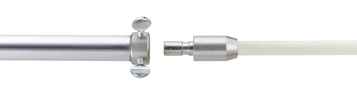 Metall-Verbindungsstück für Tauabstreifer mit Gewindeschraube und Fiberglasrute in Weiß.