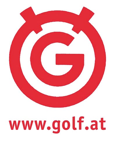 Roter Aufkleber mit weißem DGV-Logo und Schriftzug www.golf.at darunter.