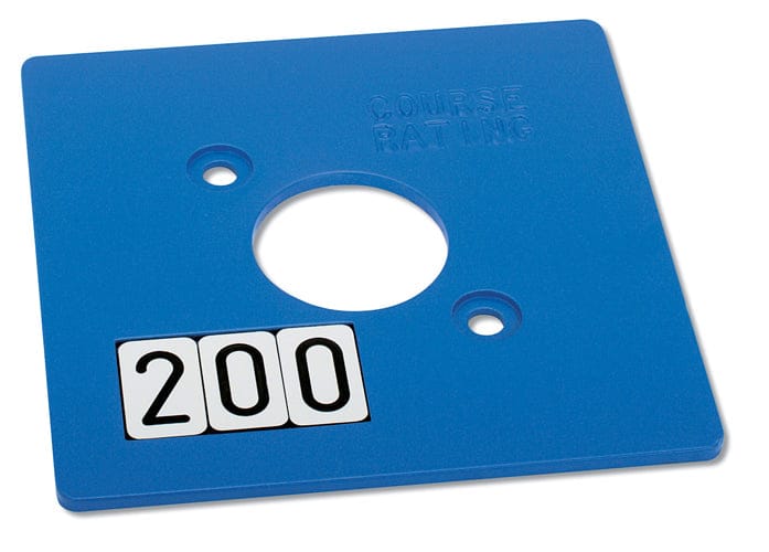 Blaue quadratische Kunststoffplatte mit mittigem Loch und weißem Zahlenaufkleber 200.