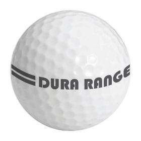 Weißer Golfball mit schwarzen DURA RANGE Schriftzug und zwei parallelen Linien.