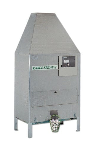 Großer silberner Ballautomat Range Servant Ultima 12 mit Auffangbehälter und digitaler Anzeige.
