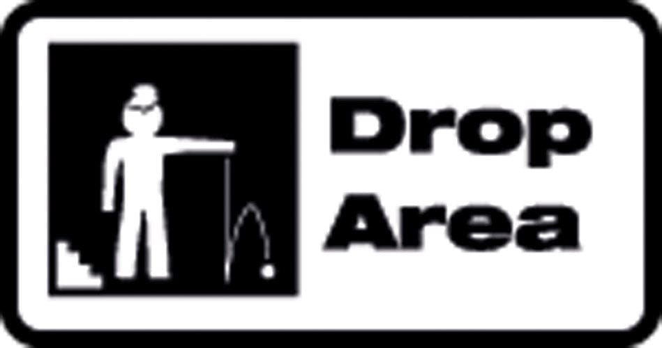 Schwarzes und weißes Schild mit Piktogramm einer Person über einer Treppe und Text „Drop Area“ in rechteckigem Rahmen.