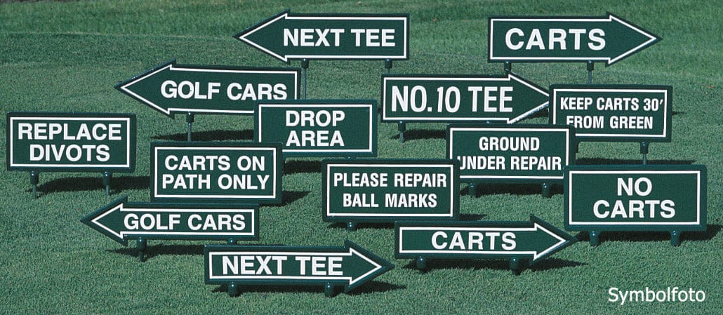 Mehrere weiße Pfeilschilder mit schwarzer Schrift für Golfplatz, 28 cm lang, verschiedene Hinweise wie „Next Tee“, „No.