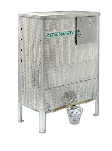 Metallischer Range Servant RS-11 Ballautomat mit Sichtfenster und Metallkorbhalterung.