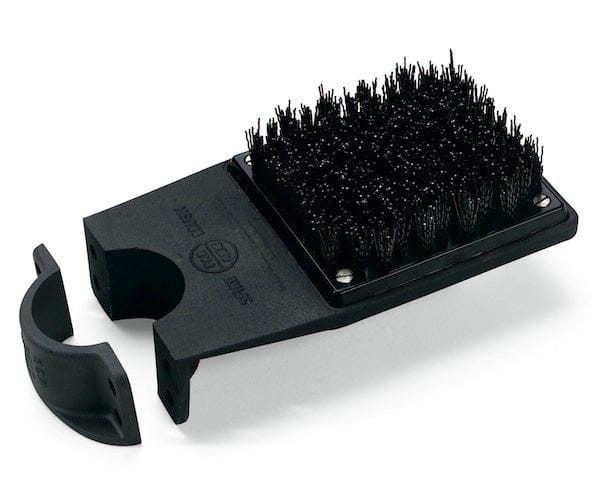 Schwarze Soft-Spike Bürste mit dichten Borsten und abnehmbarem schwarzem Halter aus Kunststoff.