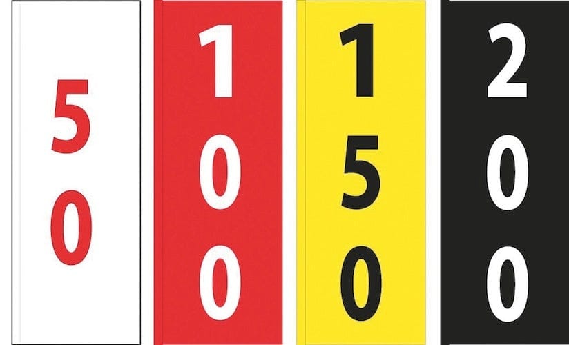 Vier vertikale Fahnen mit Zahlen 50, 100, 150 und 200 in Rot, Weiß, Gelb und Schwarz, klar und gut lesbar.