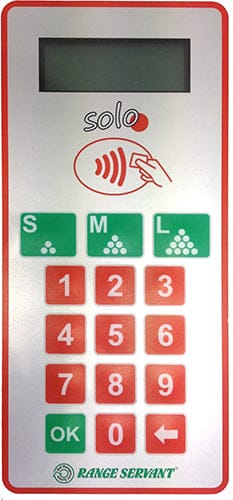 Weißes Zahlungssystem mit rotem Rahmen, LCD-Display, Tastenfeld und Kontaktlos-Symbol.