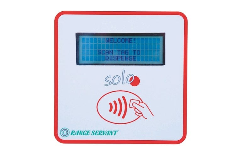 Kartenlesegerät Range Servant SOLO-1 mit digitalem Display und kontaktloser NFC-Symbolanzeige in Weiß mit rotem Rand.